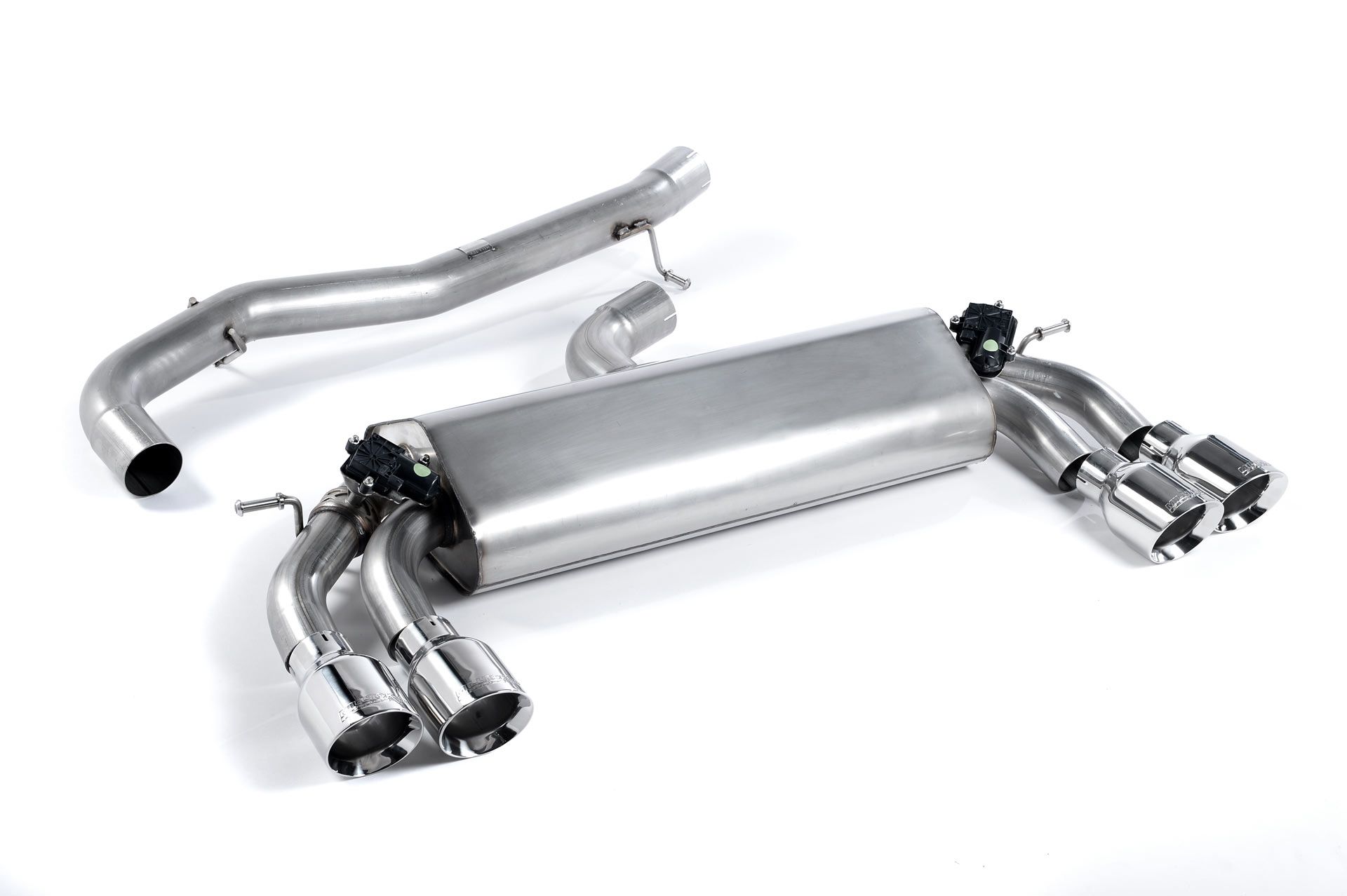 MILLTEK Sportauspuff / Duplex-Anlage 76mm ab Kat./OPF für: VW Golf 7 R / 2.0TFSI - 221 kW, mit OPF | Endrohre 4x GT100 - verchromt / ESD mit Klappen