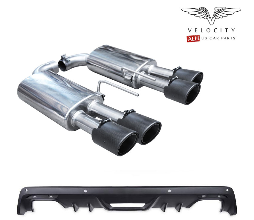 VELOCITY Sportauspuff / ESD für: FORD Mustang GT - LAE / 5.0 - 310 kW / Endrohre: 4x 89 rund, schräg mit CARBON-Blenden  |  Geliefert mit ROUSH Heckansatz / passend für Mod. mit orig. Premium Heckschürze (zweiteilig), mit CH-Gutachten