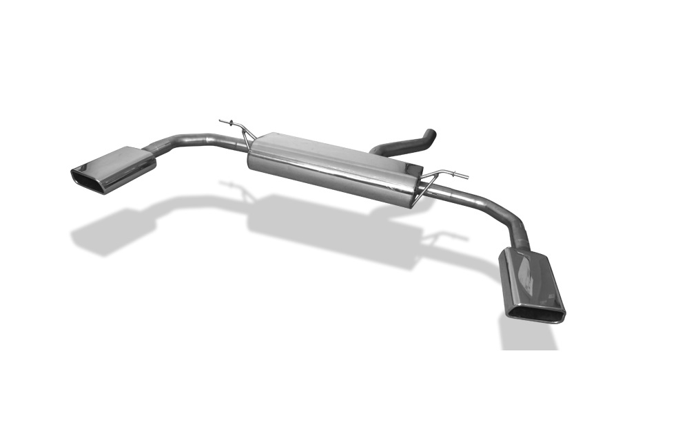 FOX Sportauspuff / Duplex-ESD f&uuml;r: MERCEDES CLA180, CLA200, CLA250 - C117, X117 / 1.6T, 2.0T - 90, 115, 155 kW | Endrohr-Typ: 2x 145x65 trapezf&ouml;rmig, eingerollt, seitlich schr&auml;g 15?, abgeschr&auml;gt nach unten 20? | Hinweise: XS