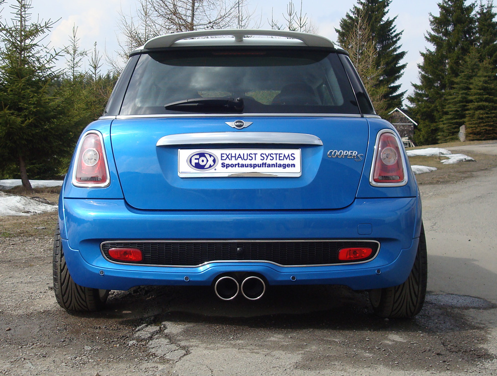 FOX Sportauspuff / ESD f&uuml;r: MINI Cooper S - R56 / 1.6T - 128kW | Endrohr-Typ: mittig 2x 100 rund, eingerollt | Hinweise: XS, 16