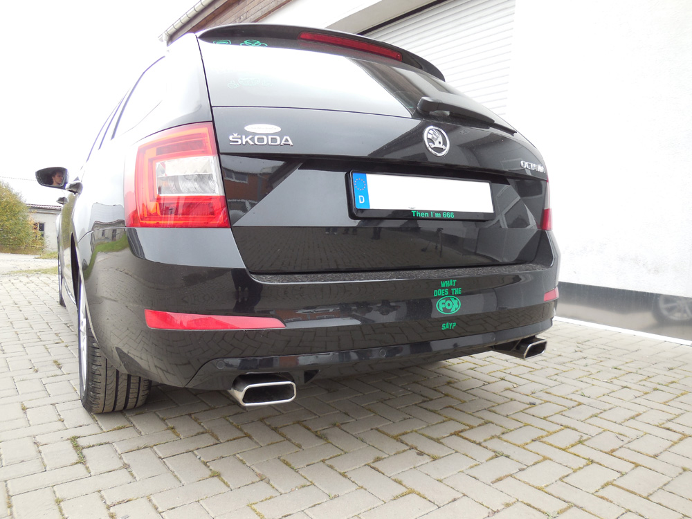 FOX Sportauspuff / Duplex-ESD f&uuml;r: SKODA Octavia - 5E / 1.8TSI-132 kW, 2.0TDI - 105, 110, 132 kW | Endrohr-Typ: 2x 145x65 trapezf&ouml;rmig, eingerollt, seitlich schr&auml;g 15?, abgeschr&auml;gt nach unten 20? | Hinweise: XS, 59