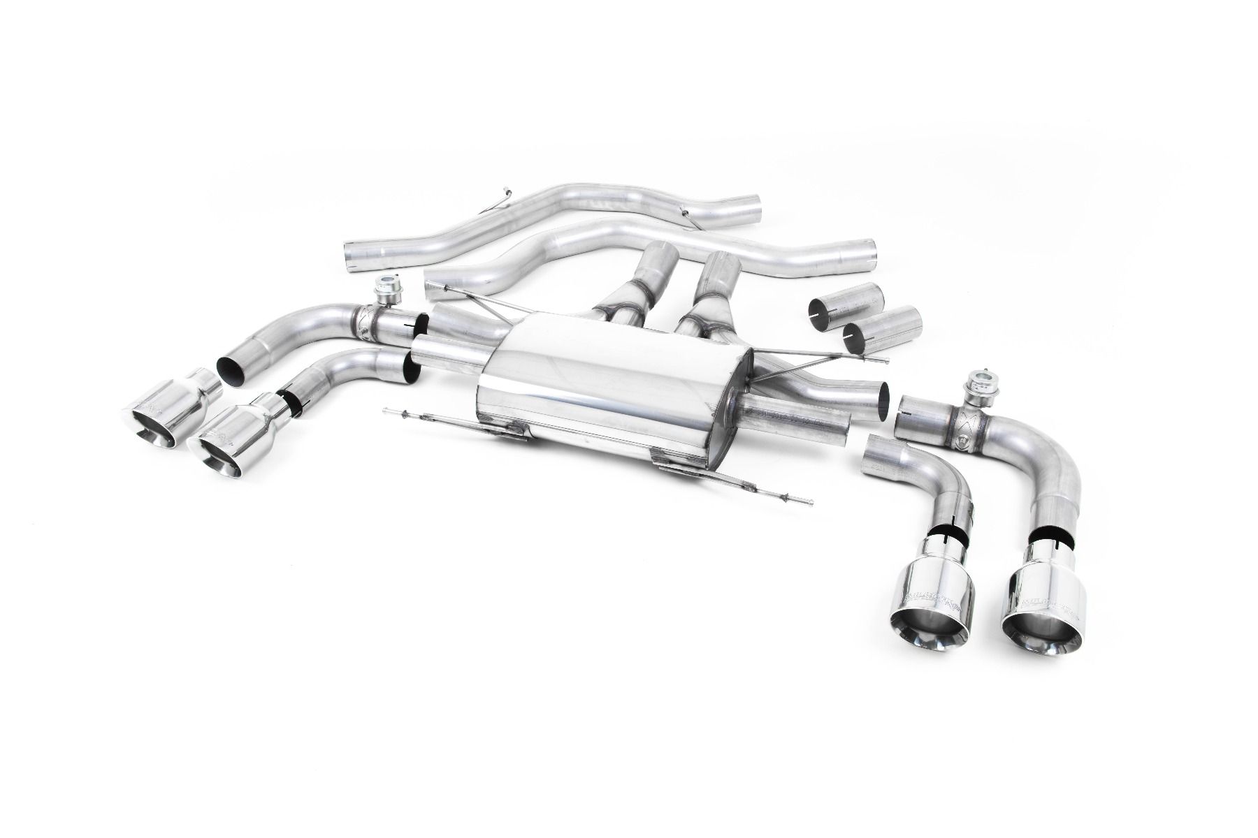 MILLTEK Sportauspuff / Duplex-Anlage 2x 70mm ab Kat. für: ALFA ROMEO Quadrifoglio 2.9 V6 Bi-Turbo  / 375 kW | Endrohre 4x GT100 rund - poliert / mit Klappen