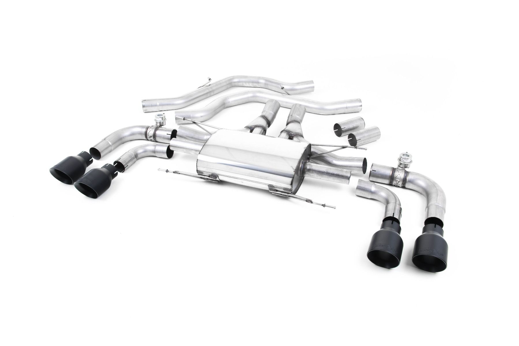 MILLTEK Sportauspuff / Duplex-Anlage 2x 70mm ab Kat. für: ALFA ROMEO Quadrifoglio 2.9 V6 Bi-Turbo  / 375 kW | Endrohre 4x GT100 rund - Ceracote black / mit Klappen