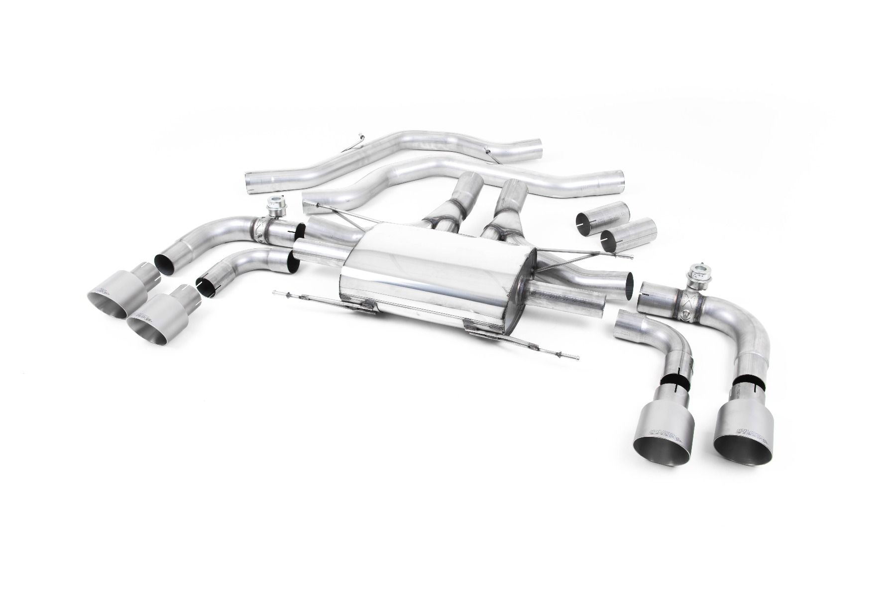 MILLTEK Sportauspuff / Duplex-Anlage 2x 70mm ab Kat. für: ALFA ROMEO Quadrifoglio 2.9 V6 Bi-Turbo  / 375 kW | Endrohre 4x GT100 rund - Titan / mit Klappen
