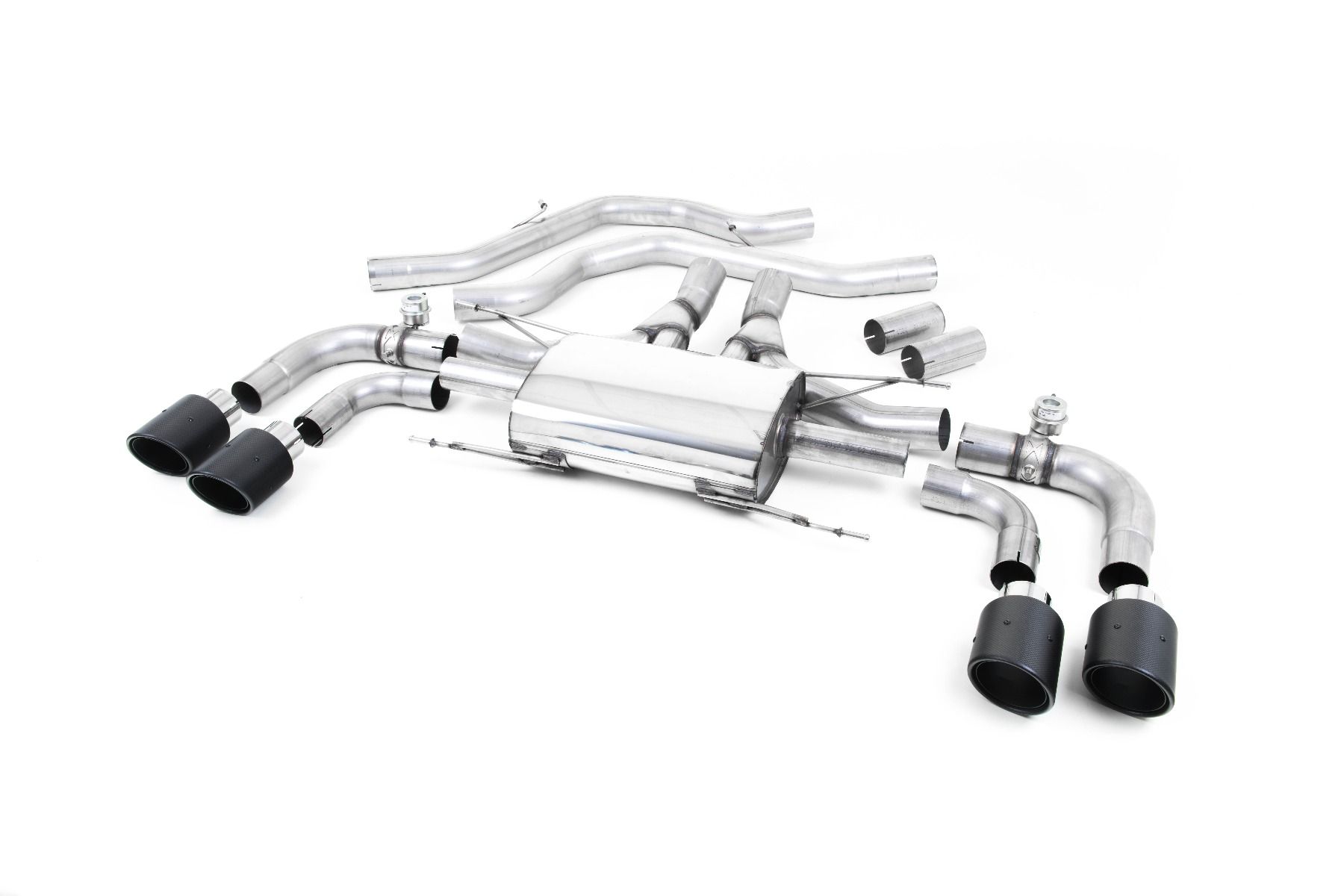 MILLTEK Sportauspuff / Duplex-Anlage 2x 70mm ab Kat. für: ALFA ROMEO Quadrifoglio 2.9 V6 Bi-Turbo  / 375 kW | Endrohre 4x Jet-100 rund - Carbon / mit Klappen