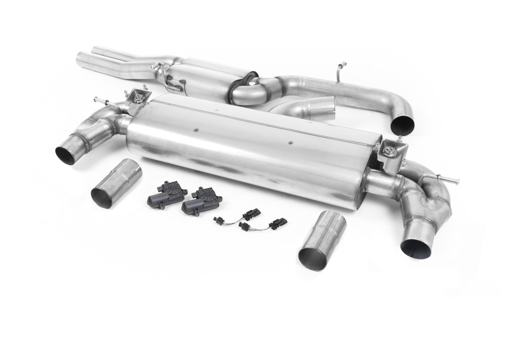 MILLTEK Sportauspuff / Duplex-Anlage 76mm ab Kat. für: AUDI RS3 Limousine - 8V, Facelift / 2.5TSI - 294 kW, ohne/mit OPF  |  Endrohre 2x 170x107 oval - Titan / mit Klappen