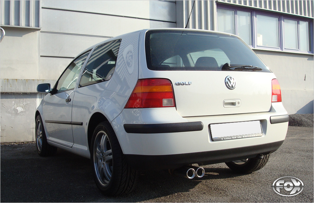 FOX Sportauspuff / ESD f&uuml;r: VW Golf 4 / 1.4, 1.6, 1.8T, 2.0, V5, TDI - 110 kW | Endrohr-Typ: 2x 76 rund | Hinweise: XS, 13